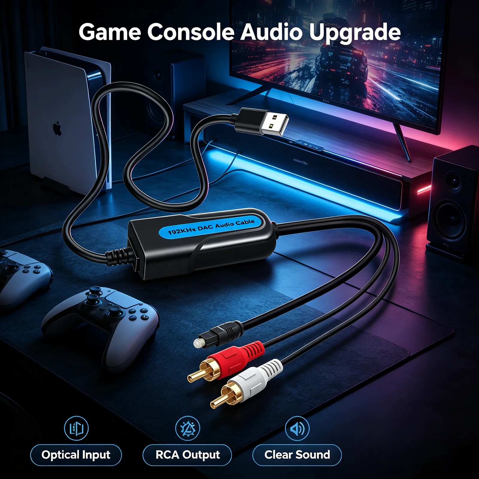 Wiistar 192KHz DAC Cable Toslink to RCA L/R Converter 24Bit SPDIF Dolby Decoder Noise Free for TV Amplifier Home Theater