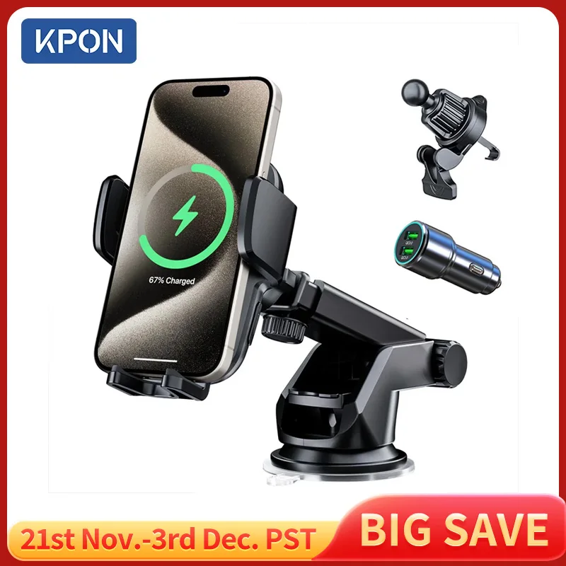 

KPON Car Wireless Charger Car Phone Holder Phone Holder Air Vent Mount Holder 360 Rotate Thick Case Auto 15W for iPhone Samsung