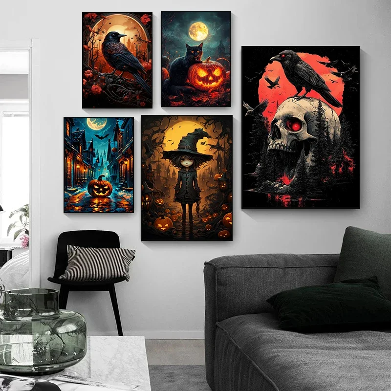 Abstract Posters Prints Canvas Painting Halloween Horror Pumpkin Witch Crow Dark Castle Wall Art Picture Living Room Home Dec