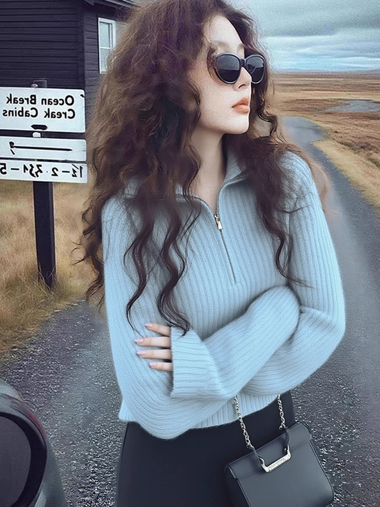 

Winter Korean Sle Casual Zipper Knitted Cardigan Women's Long Sve Anti-Aging Design Top Coat Commute Faion