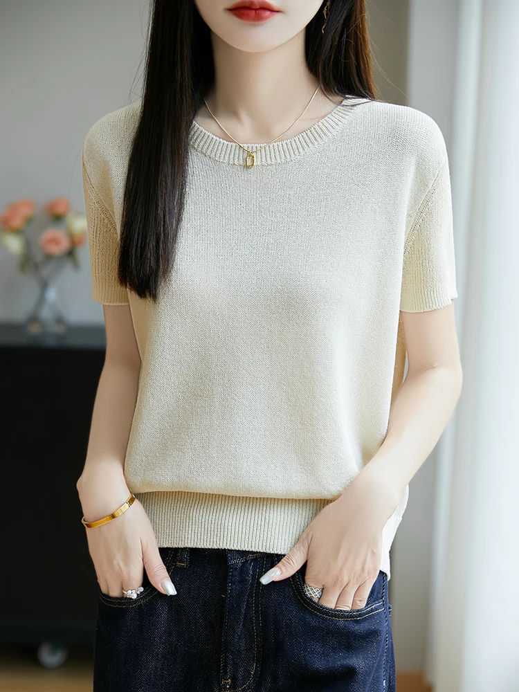 

Classic Style Sweater Summer 100% Merino Wool Knitwear Women's O-Neck Solid Color Short Sleeve Pullover High Quality Soft Tops