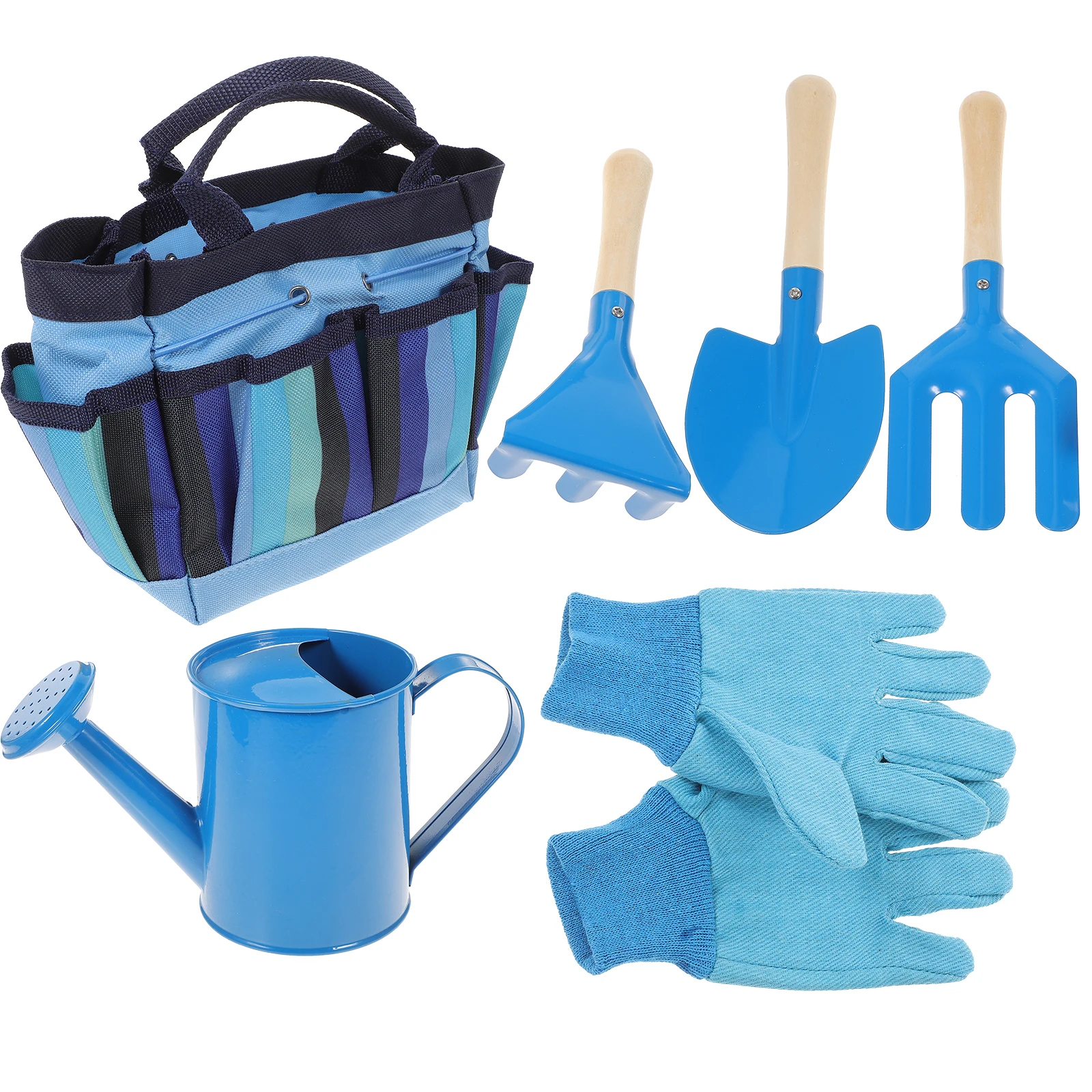 

Gardening Tool Set Kids Shovel Rake Fork Watering Can Gloves Carry Bag Durable Round Edges Tools Kit Garden
