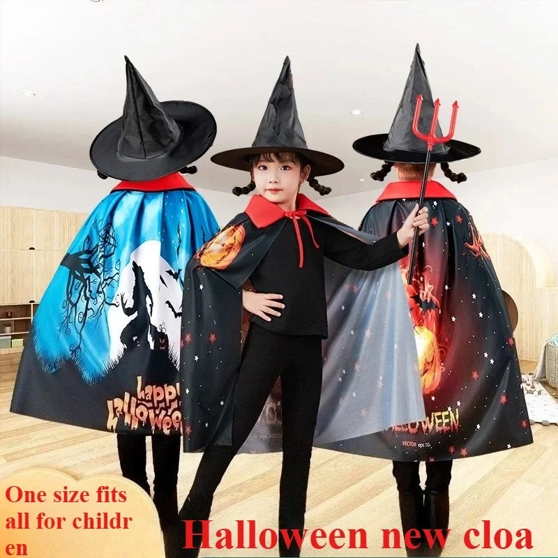 

Ensemble de costumes de Cape pour enfants d'Halloween, Cape de sorcier de sorcière avec impression 3D et chapeau pour habiller l