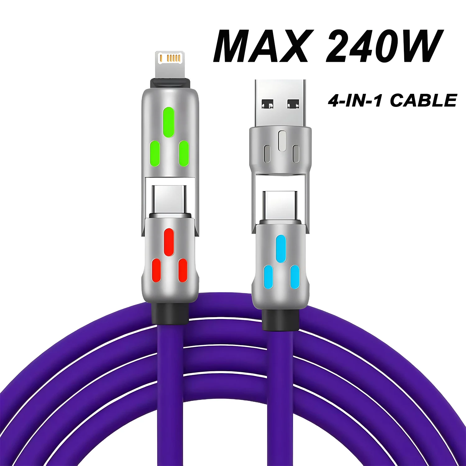 Zinc Alloy USB-C 4 in 1 240w Fast Charging Cable for iPhone Usb Type C Cable with RGB Light For iPhone Xiaomi Samsung Oneplus