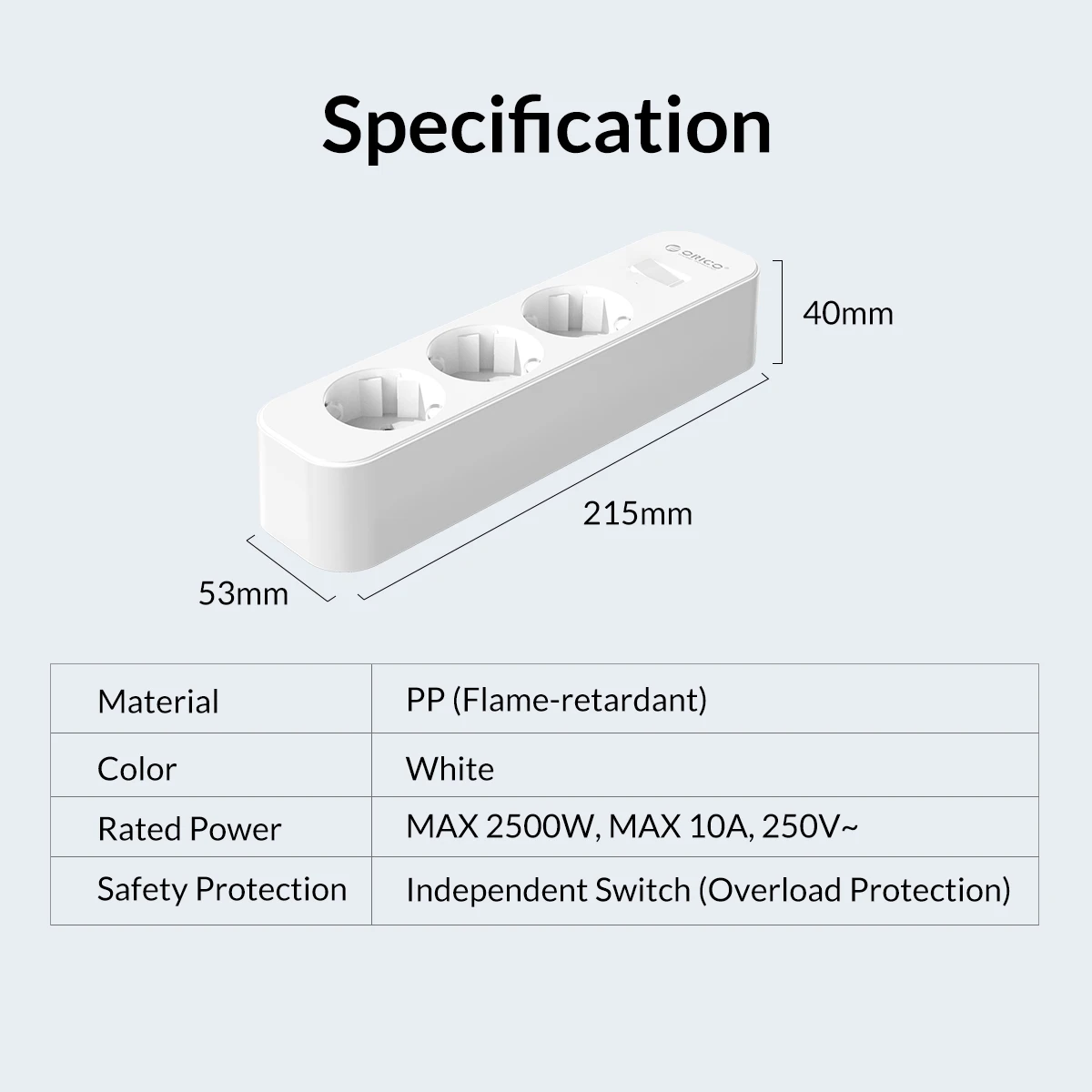 ORICO EU Plug Surge Protector 5 AC Outlet Power Strip with 2 USB Charging Ports Extension Cord Wall Mount Desk for Home Office