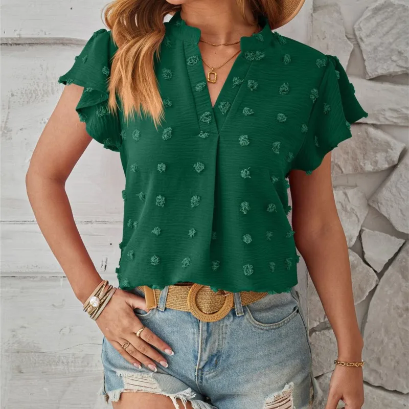 Elegant Women's Spring/Summer New V-neck Chiffon Big Wool Ball Style Shirt Woman Fashion Short sleeved Green Hooked Flower Shirt