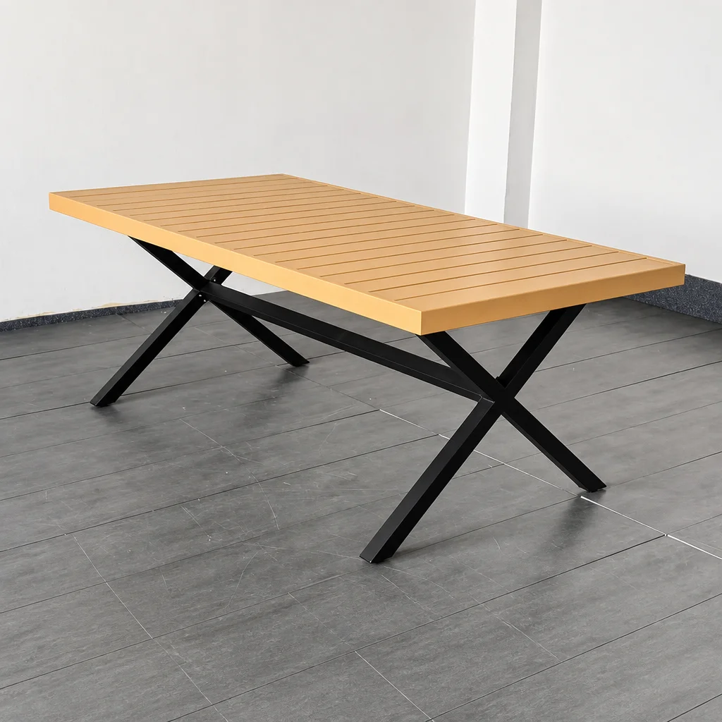 Extendable Outdoor Dining Table Wood Slat Tabletop Matte Black X Frame Patio Garden Furniture for Backyard