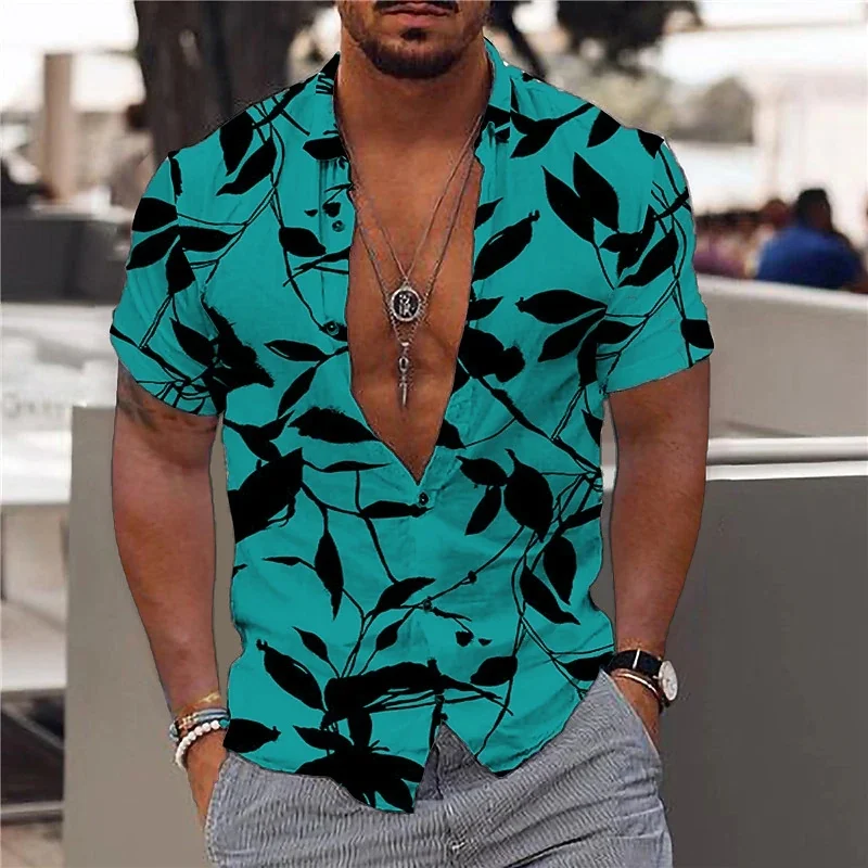 Camisa havaiana slim fit masculina, tops diários de férias, roupa casual de ginástica, estampa floral elegante, folhas, social, moda casual, Y2k