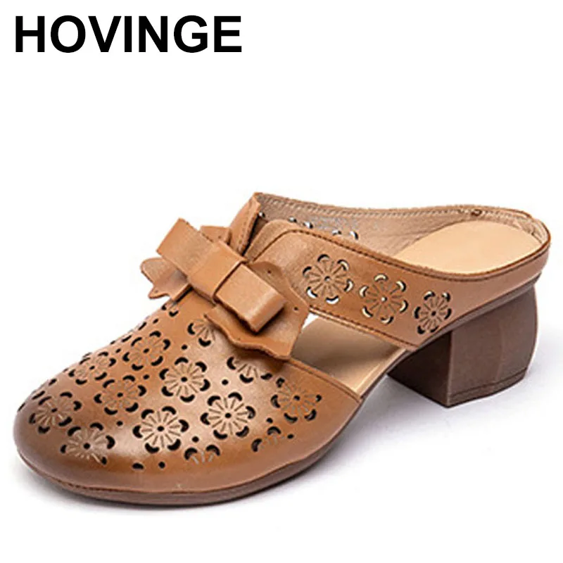 

Round Toe Bow Cowhide Hollow Elegant Fashion Slippers Wearing Outside S Summer Women Slippers Mid Heels