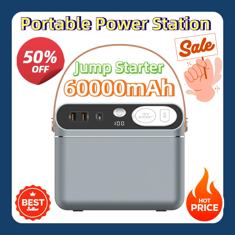 Jump Starter Camping Power Bank PD 60W Charger Car Booster Outdoor Starting Device 150W Portable Power Station 60000mAh 222Wh