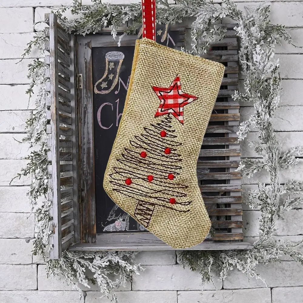 Linen Burlap Embroidery Christmas Stocking Reusable Hanging Christmas Gift Bag Decorative Small Christmas Decoration Holiday