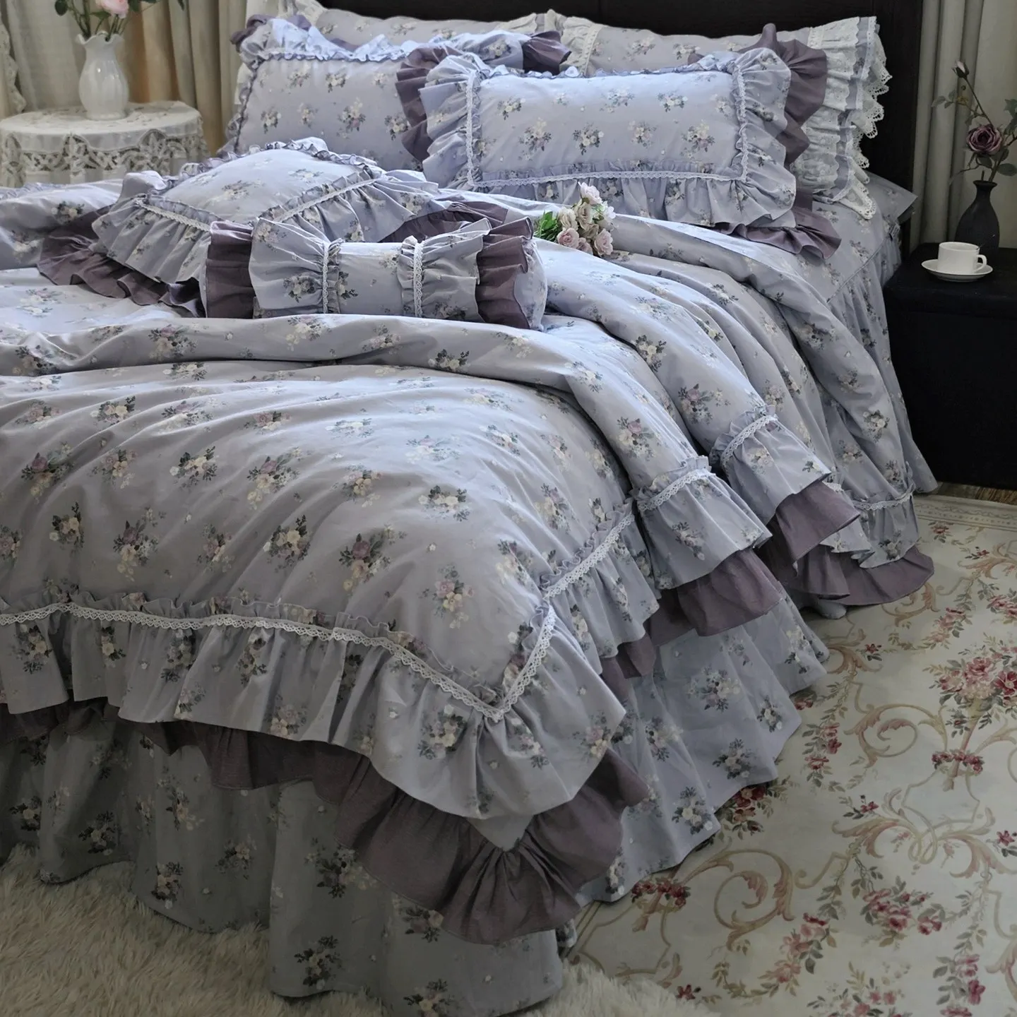 Romantic Lavender Purple Rose Floral Bedding Set, 100% Cotton Lace Ruffle Duvet Cover, Fresh and Elegant Design Bed Sheet