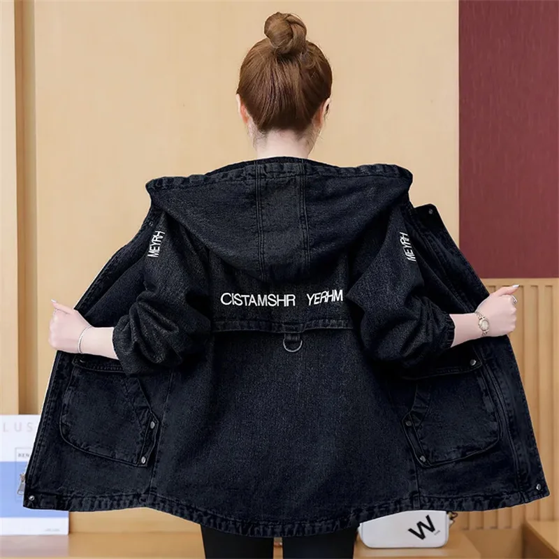 Coreano bordado carta denim windbreak casaco feminino primavera outono com capuz com zíper casacos novo solto casual jeans jaquetas femininas