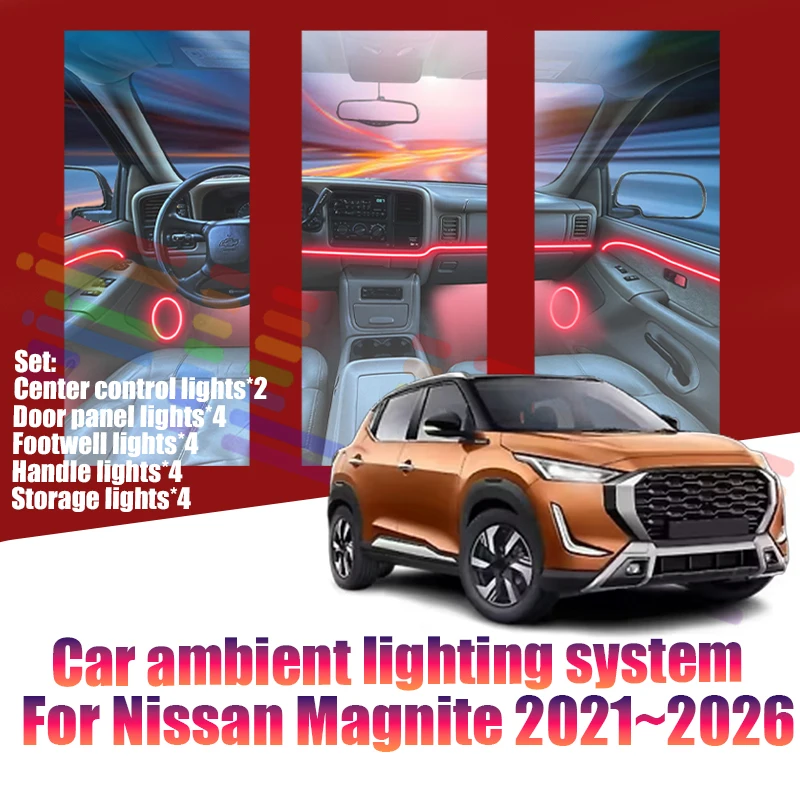 Luces LED Ambientales para Nissan Magnite 2021~2026 DD0, Luces de Atmósfera Coloridas, Tira de Neón Interior para Auto, Iluminación RGB de 64 Colores