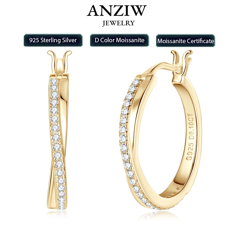Anziw Classic Real Moissanite Hoop Earrings for Women 925 Silver 18K Gold Plated Clip Earrings Wedding Jewelry Gift 2024 New