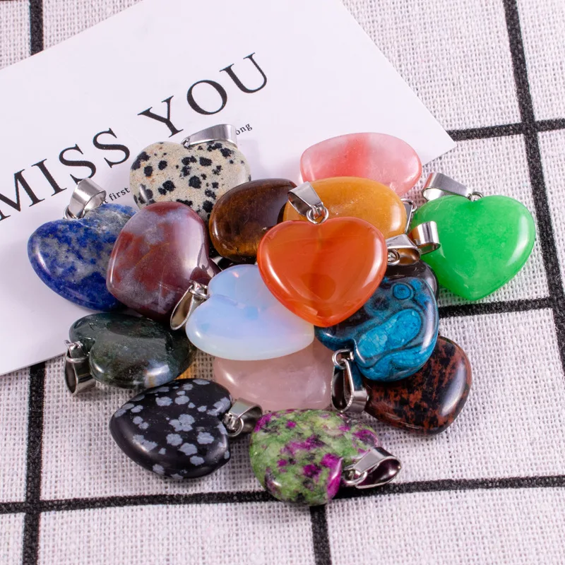 20pcs/ Bag Natural Stone Pendants Heart Shape Charms Pendants Amethyst Opal Necklace Pendant for DIY Making Jewelry