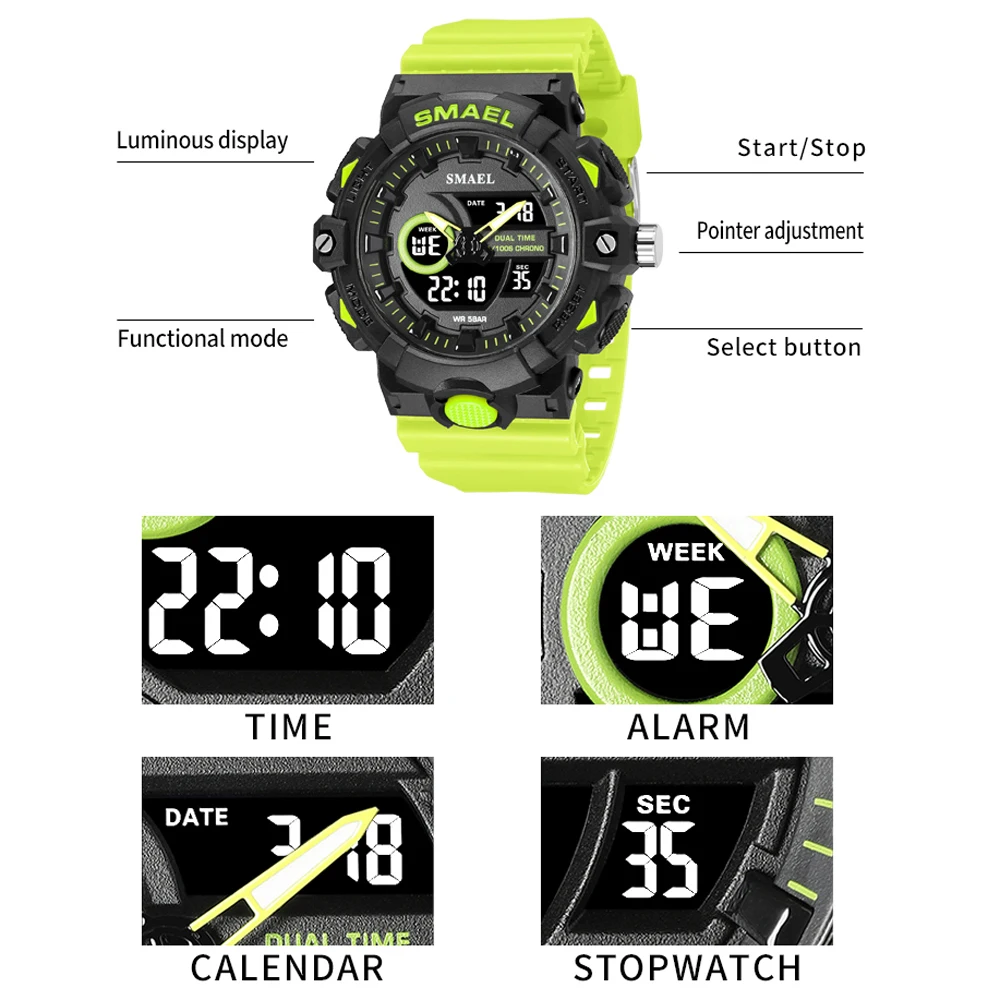 SMAEL Multifunctional LED Light Digital Sport Watch Mens Casual Student Stopwatch Clendar Clock Quartz Analog Wristwatches 8081