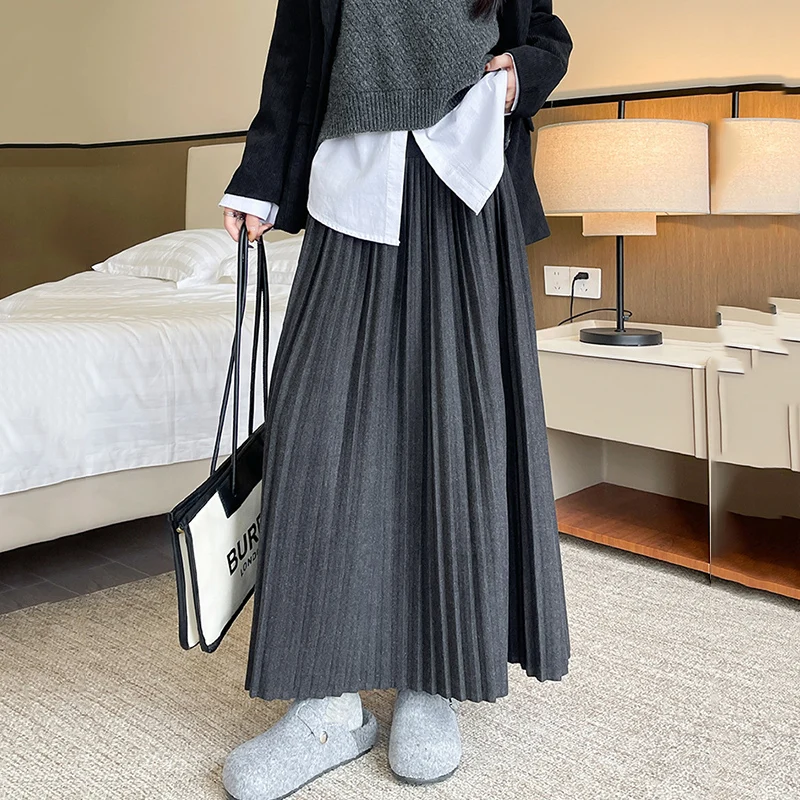 Autumn Winter Wild High Waist Pleated Skirt Women Korean Woolen A Line Long Skirts Woman Solid Coloe Warm Zipper Umbrella Skirt