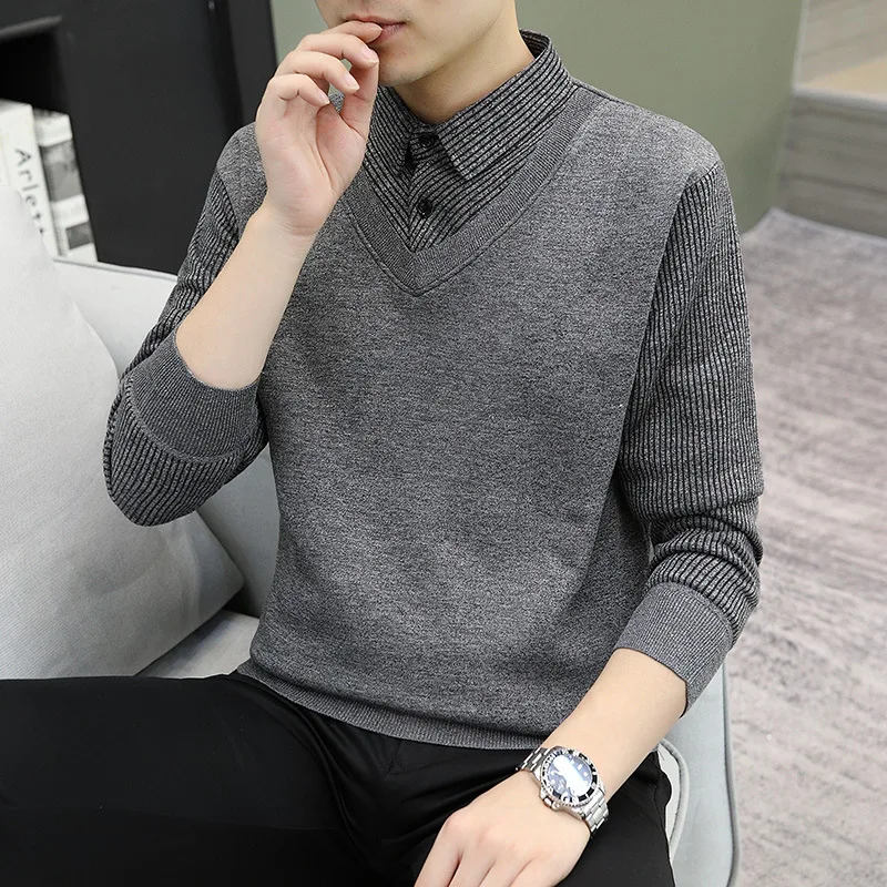 

Men's Faux Two-Piece Knitwear irt Warm Thiened Fce Inner Wear Faionable Urban Sle Polyester Fiber Winter Season