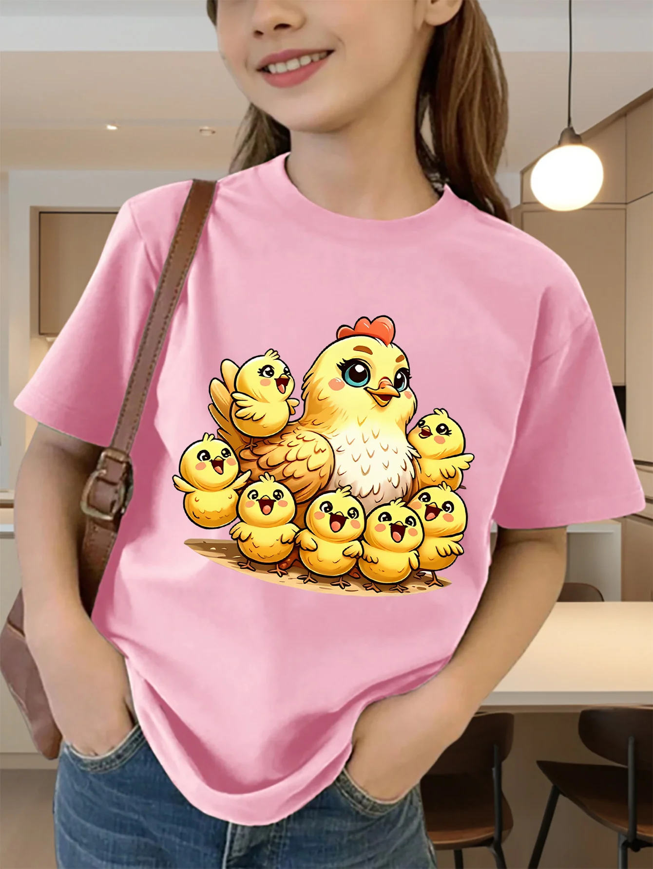 Lovely Hen And Chicks Cartoon Print Boys Girls T Shirt Farm Animal Kids Tee Parent Child Matching Casual Summer Family Daily Top