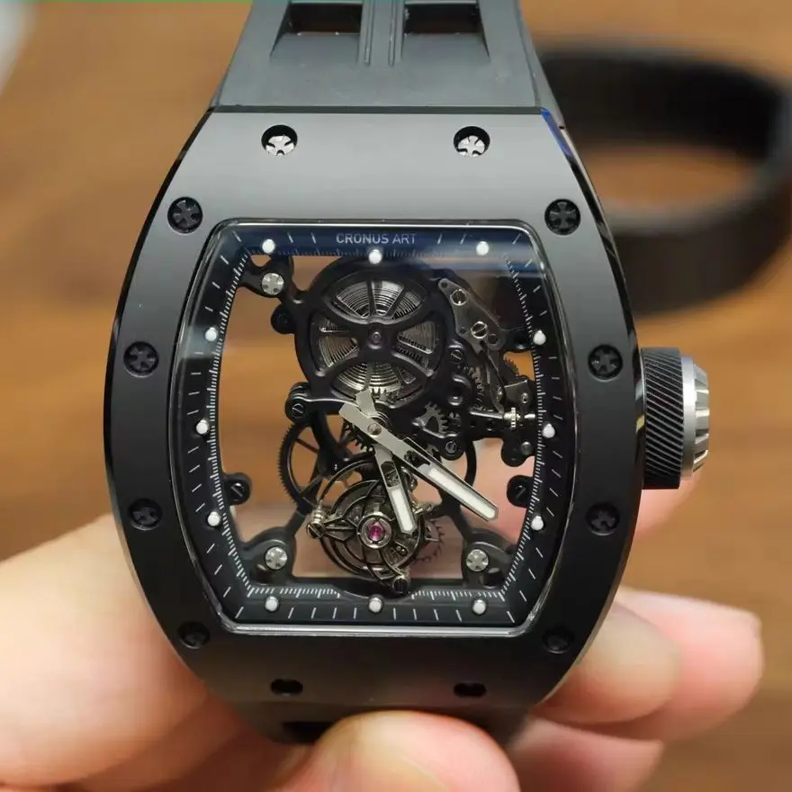 CRONUSART Men Tourbillon Watch Tonneau Mechanical Wristwatch Ceramic Case Luminous Sapphire Mirror Skeleton Fluororubber Strap