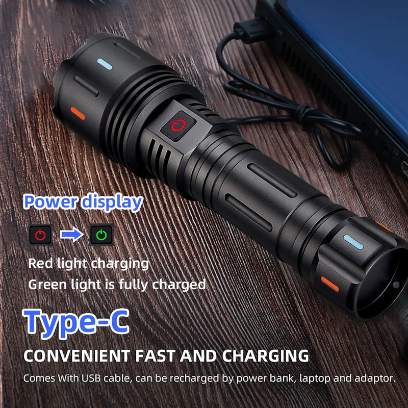 New White Spotlight LED Flashlight with Fluorescent Long Shot Lighting Outdoor Adventure Aluminum Alloy USB Rechargeable 50watts