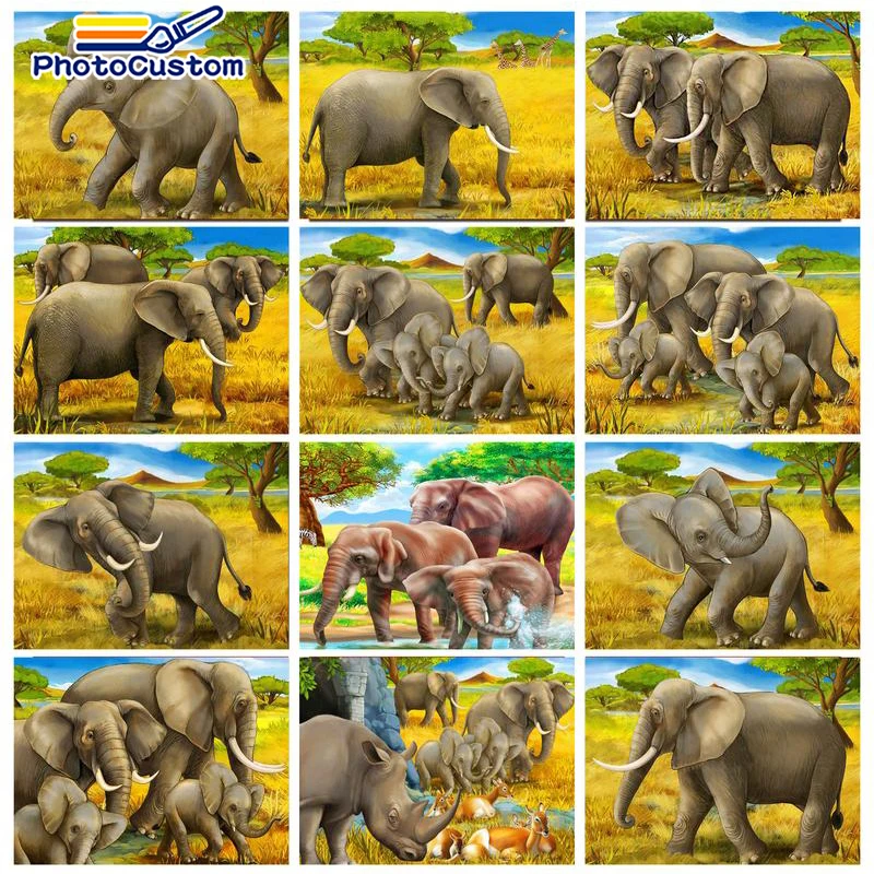 

PhotoCustom DIY Oil Painting By Numbers Elephant Landscape Picture On Canvas Adult Kit Painting For Living Room Wall Art Home De