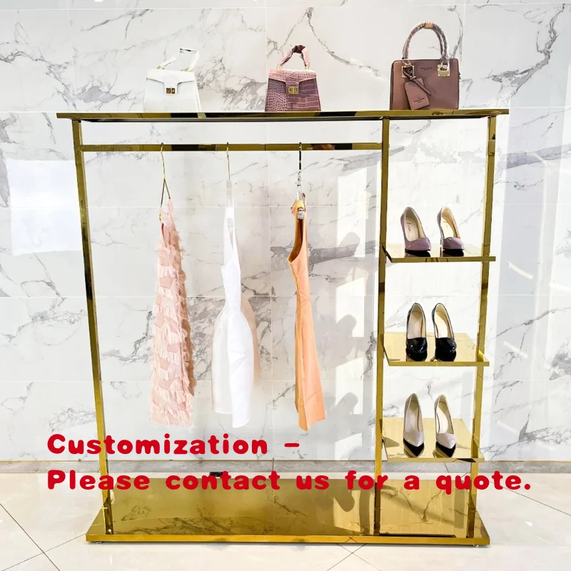 

custom.High End Quality Boutique Clothing Display Racks Gold Stand Retail Metal Garment Rack Shoes and Bag Shelf Clothes