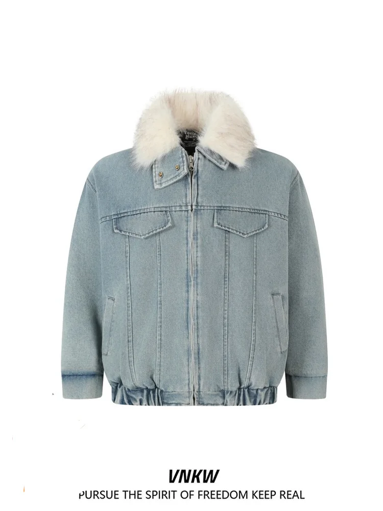 

Джинсовое пальто в стиле ретро Barn Sle Thiened с меховым воротником для мужчин и женщин, зимняя теплая свободная парная хлопковая одежда