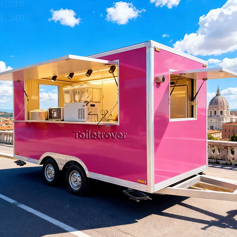 

Outdoor Pink Food Trailer Rounded Windows Full Kitchen Stainless Steel Ice Cream Concession Mobile Food Trailer for Sale