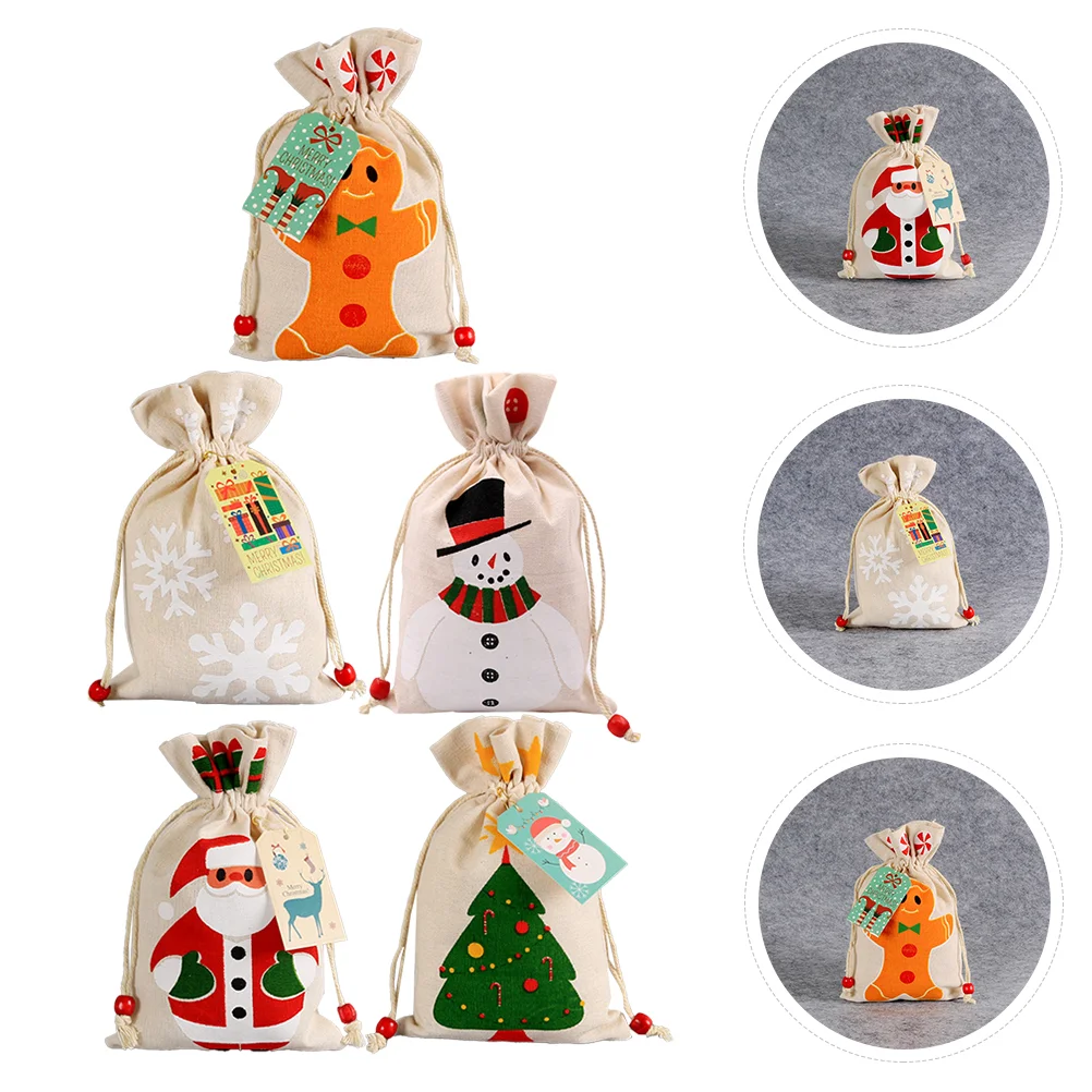 

5 Pcs Christmas Candy Bag Storage Wrapping Bags Drawstring Fabric Pouch Packaging