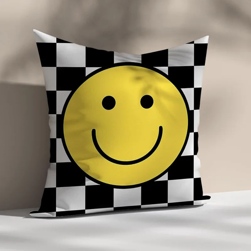 1PC Retro Happy Face Pillowcase, Black & White Checkered, Cushion Cover for Bedroom Dorm Room Home Decor