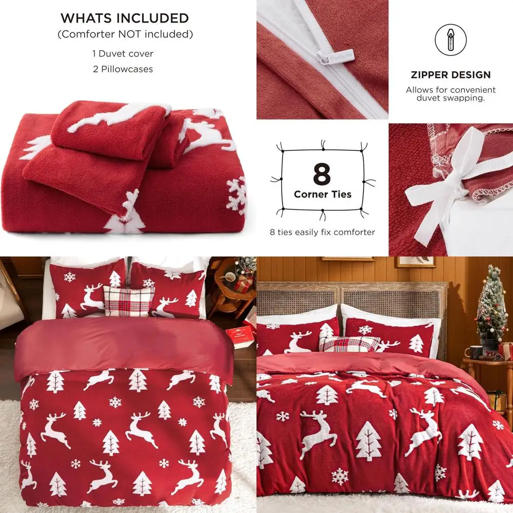 

Ultra Soft Plush Shaggy Queen Duvet Cover Set, Warm Flannel Bedding for Winter, 3-Piece Reindeer Print, Red