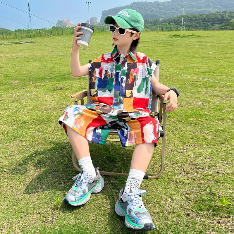 Teen Boys 2-Piece Clothing Set Vocation Beach Shirt Top And Mid-Calf Trousers Bottom Size 4-14Y Child 2-Pisces Clothing Set