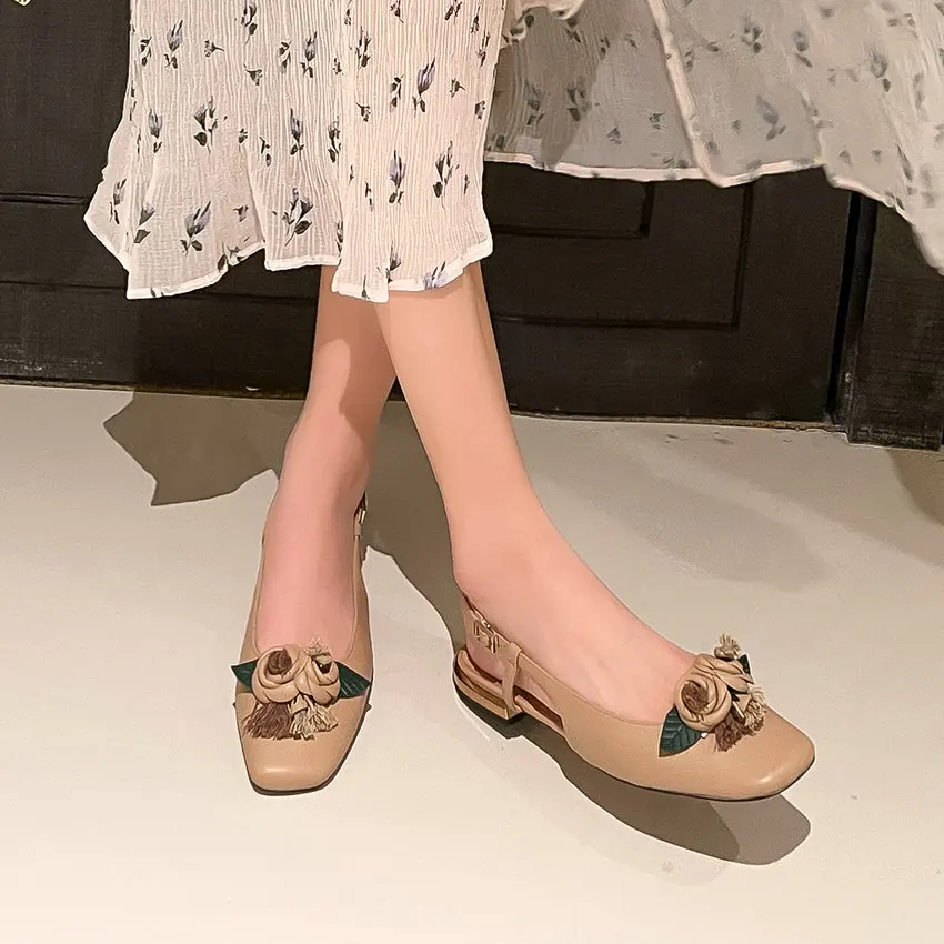 QUTAA 2023 Women Sandals Genuine Leather Flower Shoes Summer Slingback Woman Low Heel Casual Shoes Party Sandals Size 34-39