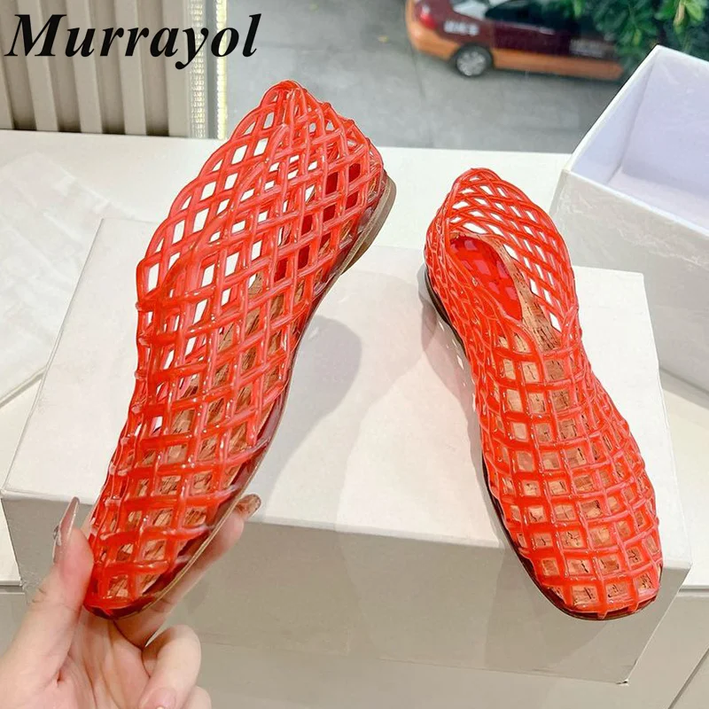 New Round Toe Solid Color Sandals Women Rubber Hollow Out Flat Shoes Summer Outdoors Holiday Sandy Beach Shoes Single Shoes