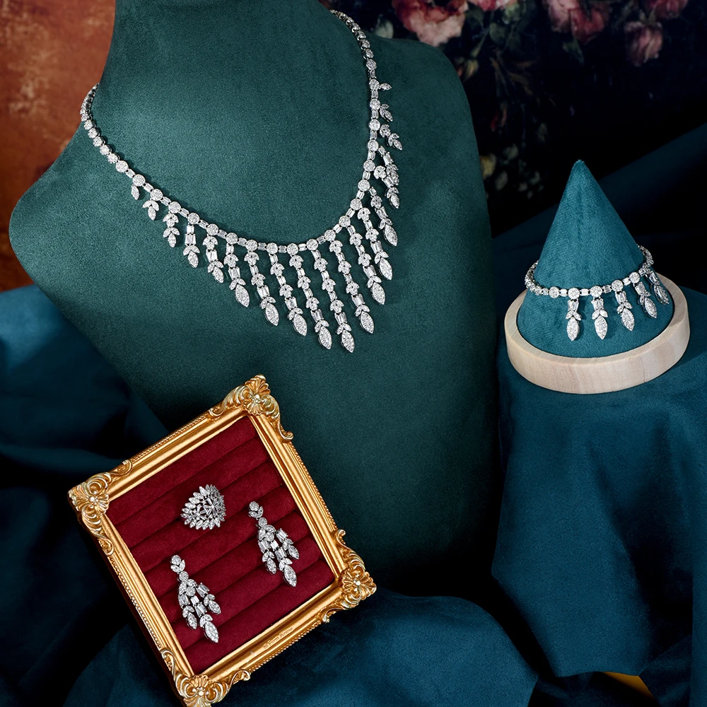 HIBRIDE Gorgeous Tassel Necklace Earrings Bracelet Women's Dress Light Luxury Decoration Jewelry Dubai Wedding Gift L-12