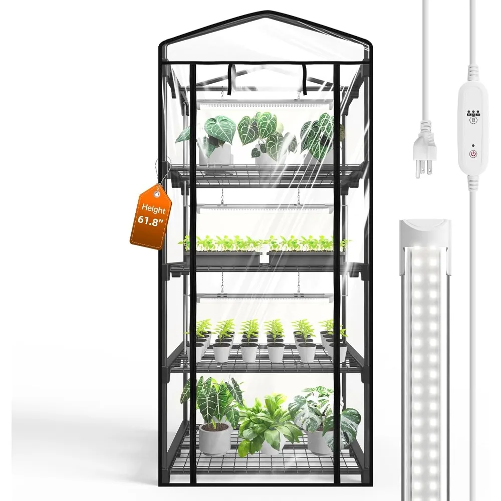 

Indoor Greenhouse with Grow Light, Mini Green House with 4 Pack 20W Full Spectrum Plant Lights with Timer, Plant Shelf wi