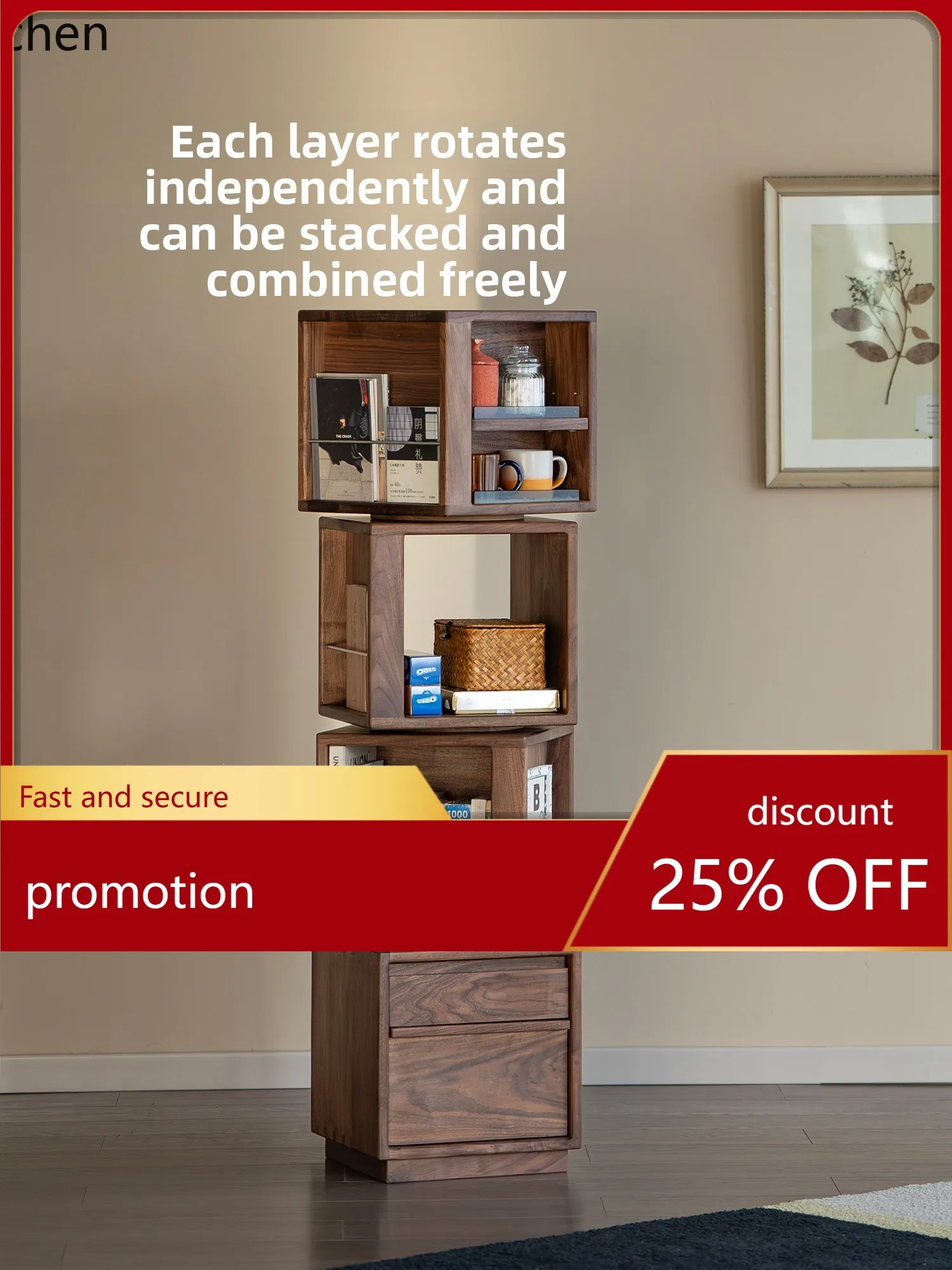 ZML Rotating Bookshelf Solid Wood Bookcase Storage Display Cabinet Floor-standing Living Room Storage Side Cabinet