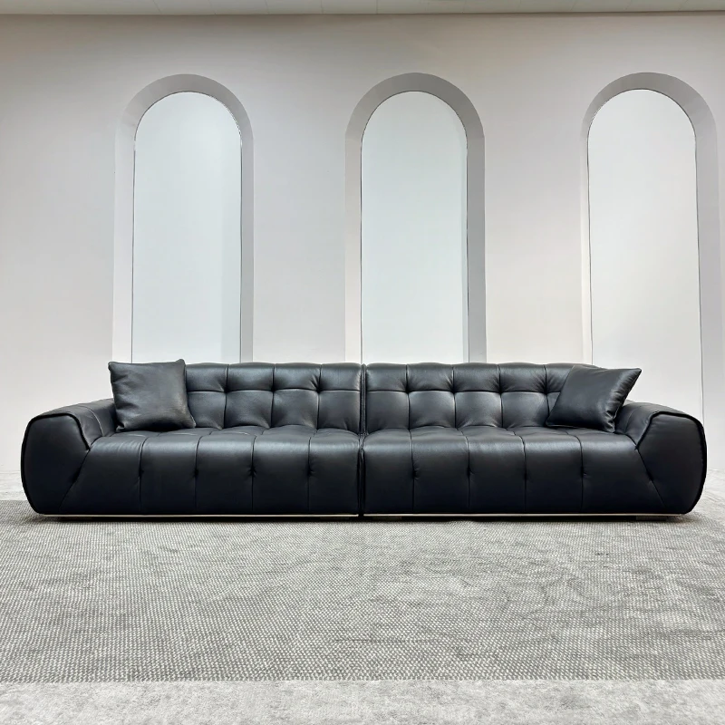 #Italian Minimalist Living Room Sofa Black Sugar Puff Leather Marshmallow Internet Celebrity Designer