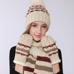 Frauen Solide Wolle 3pc Set Elastische Handschuhe Schal Hut Gestrickte Set Weiche Weihnachten Outdoor Kälte Schutz Warme Herbst und winter Geschenk