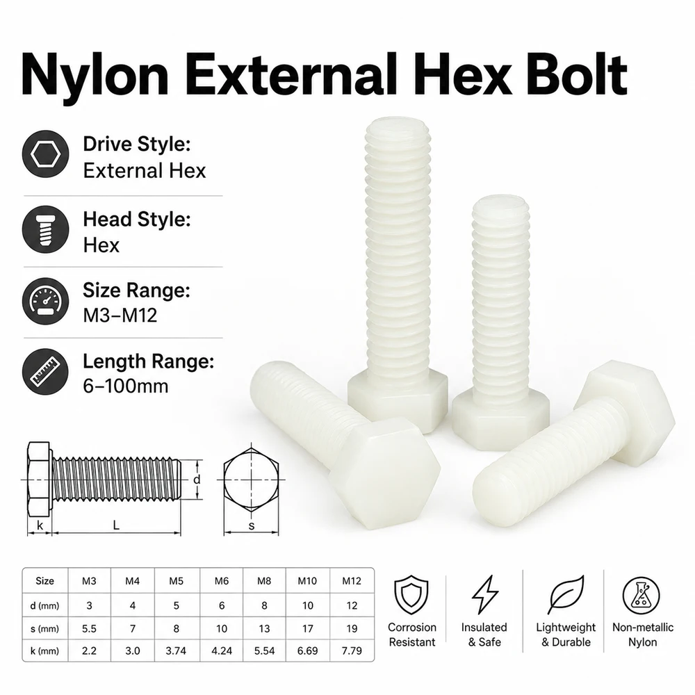 

1-50pcs M3-M12 White Nylon Hex Head Screws, Insulated Plastic External Bolts 6-100mm for Electronics & Machinery, Rustproof