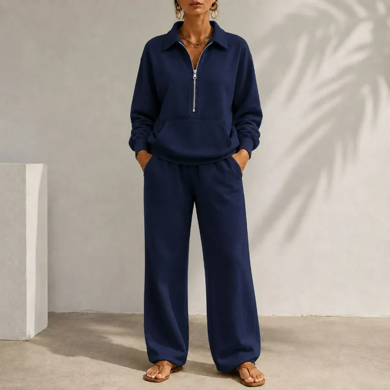 Loose Suit for Women New European American Autumn Winter Women's Clothing V-neck Patch Pocket Hoodie Casual Wide-leg Long Pants