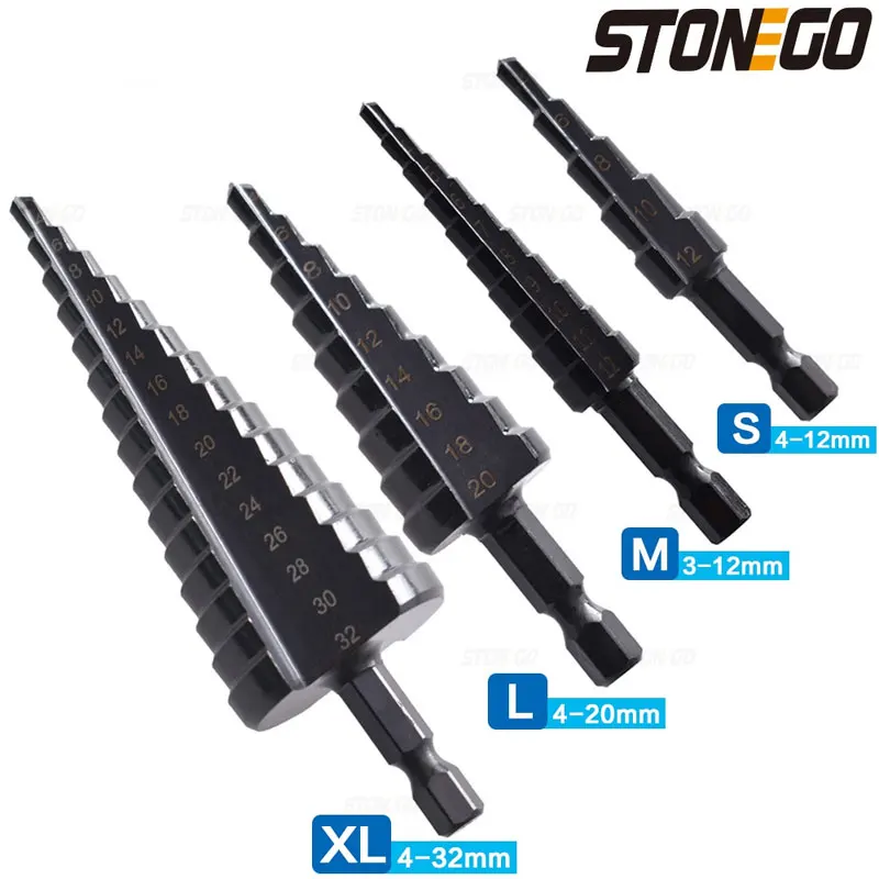 STONEGO Straight Groove Step Drill Bit Nitride Coated HSS Hex Shank Cone Drill Bit for Cutting Holes on Wood, Plastic, PVC Plate