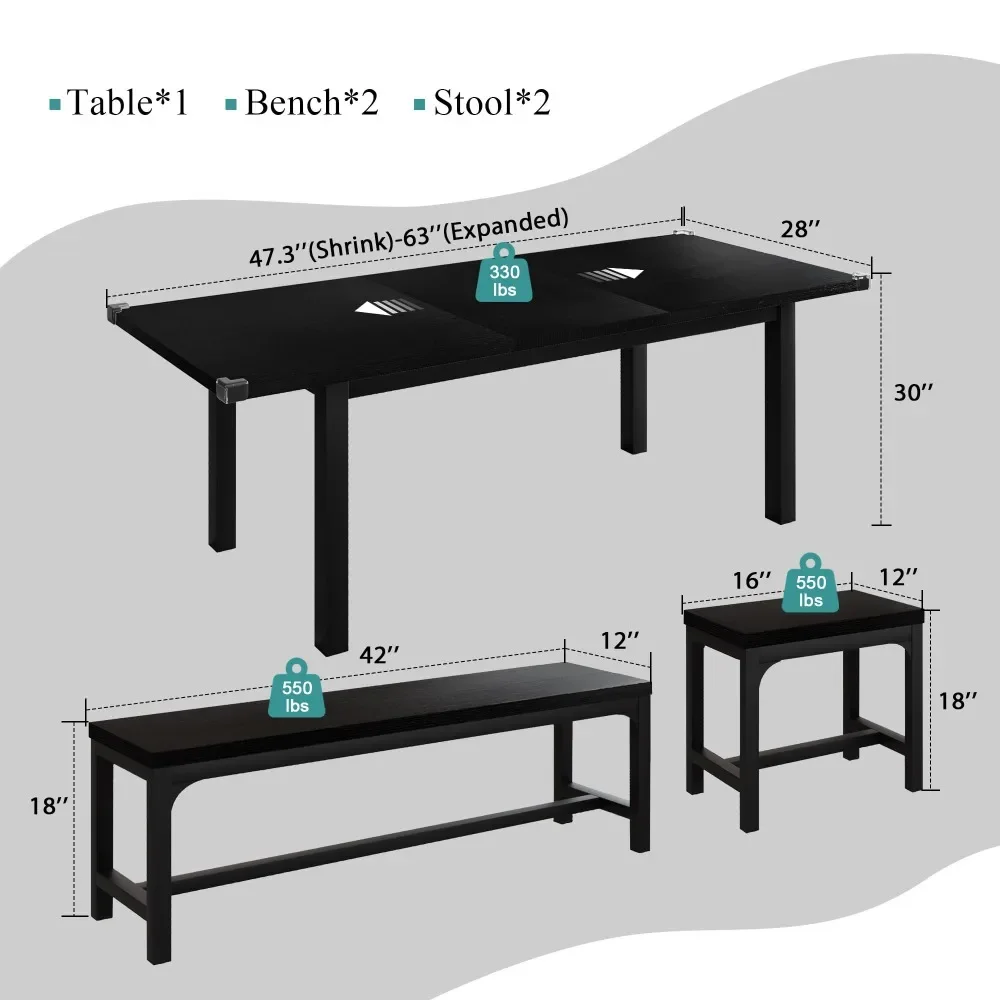 2024 New 5-Piece Dining Table Set for 4-8 People, Extendable Kitchen Table Set with 2 Benches and 2 Square Stools