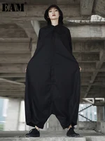 [EAM] Women Personality Big Size Jumpsuit Loose Fit New High Waist Pocket Stitch Pants Fashion Tide Spring Autumn 2026 YA116