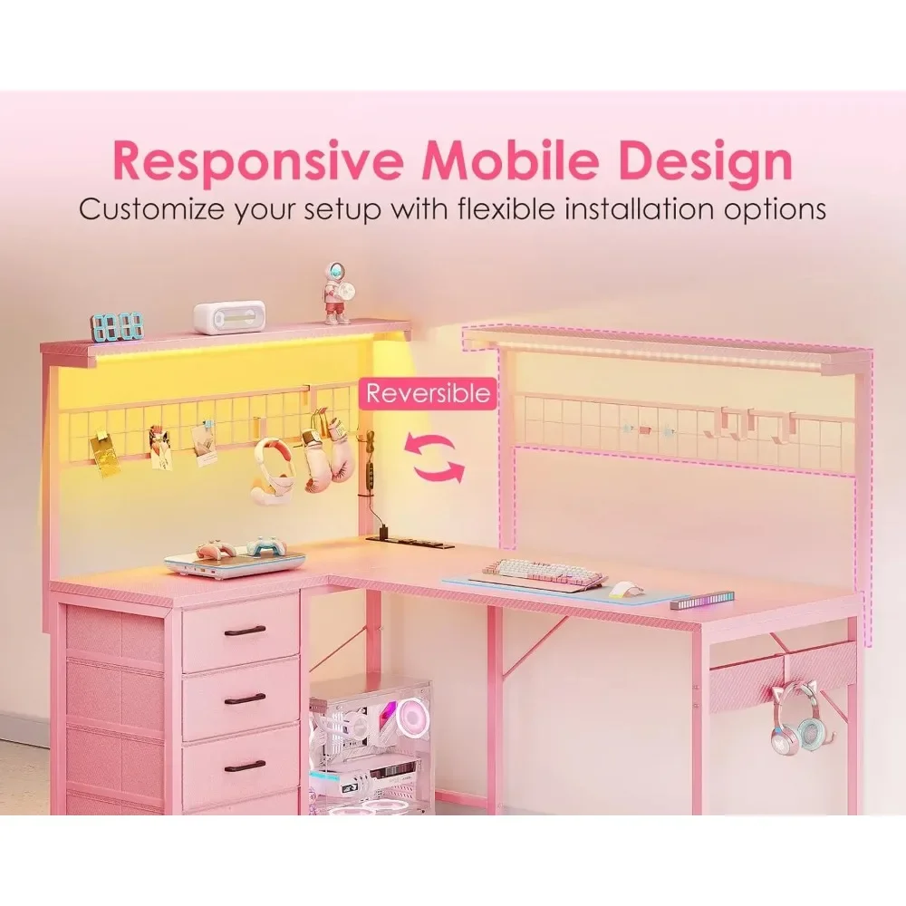 

L Shaped Gaming Desk, 43' Reversible Computer Table, Drawers, LED Light, Power Outlet, Shelves, Hooks, Carbon Fiber Pink