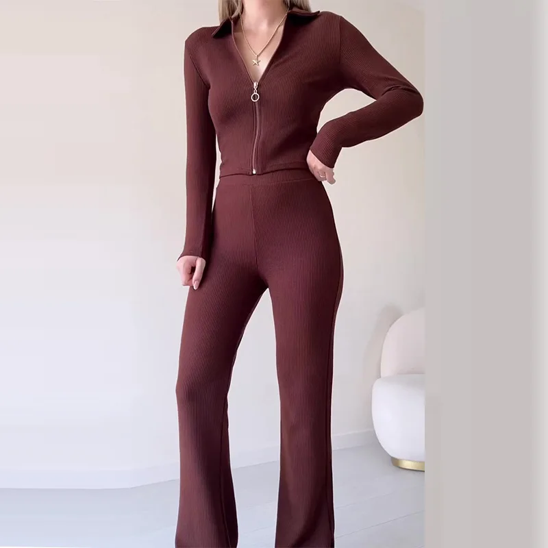 Spring Autumn Solid Slim Fit Suit Women Long Sleeve Zipper Cardigan Turn-down Collar Coat High Waist Flared Pants Trousers Suit