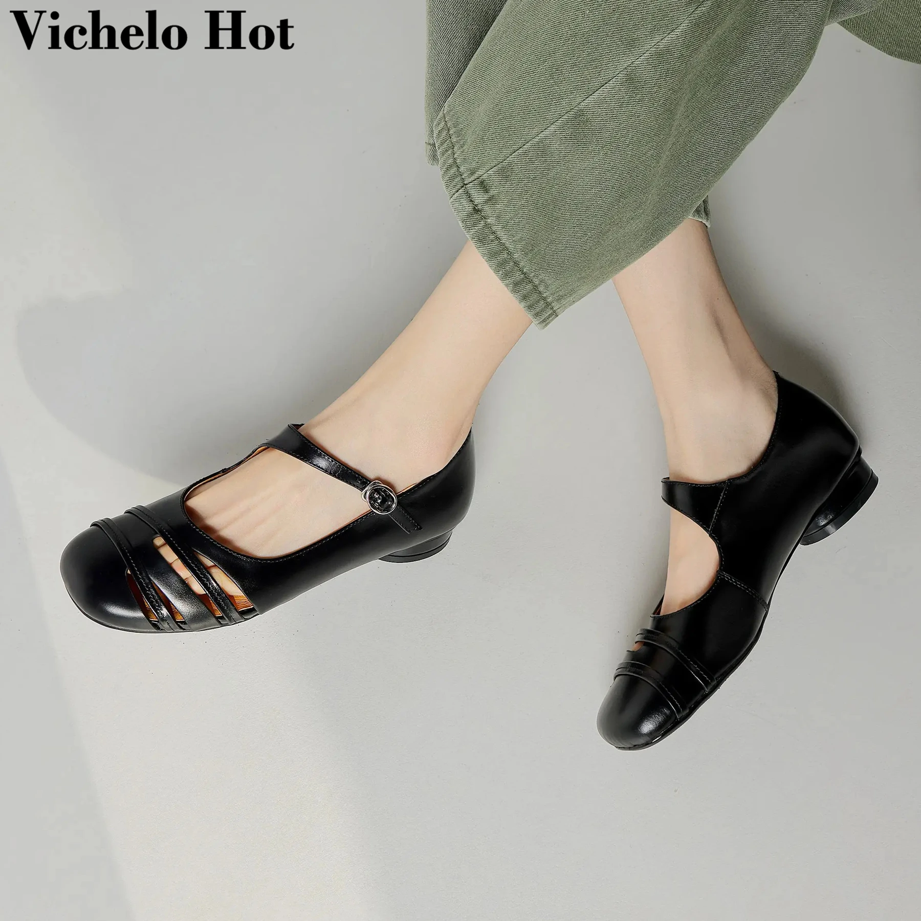 

Vichelo Hot Cow Leather Round Toe Low Heels Hollow Mary Janes Fashion Elegant Autumn Shallow Dress Office Lady Brand Women Pumps