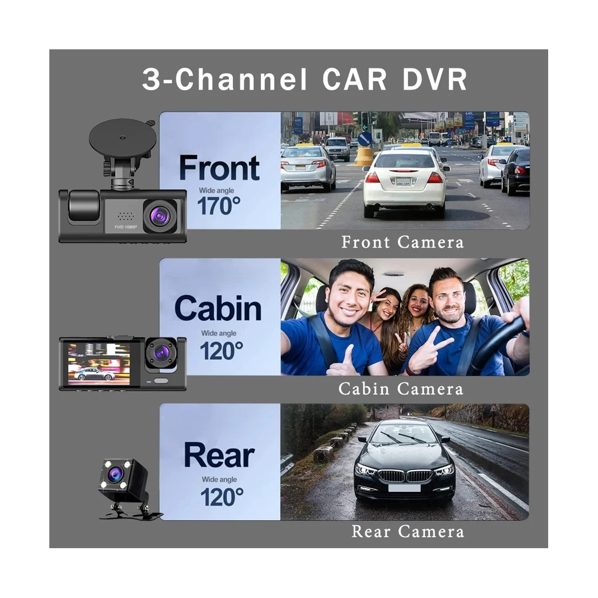 Exquisite 3 Channel Car DVR Camera , 1080P Dash Camera 3 Way Car Camera with IR Night Vision, Loop Recording, Parking Monitor